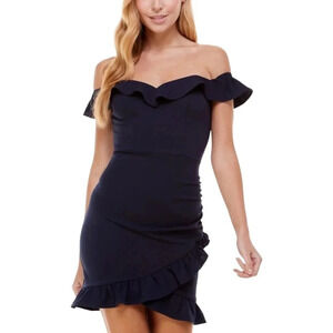 City Studio Mini Dress Navy Blue Off Shoulder Ruffle Zip Back